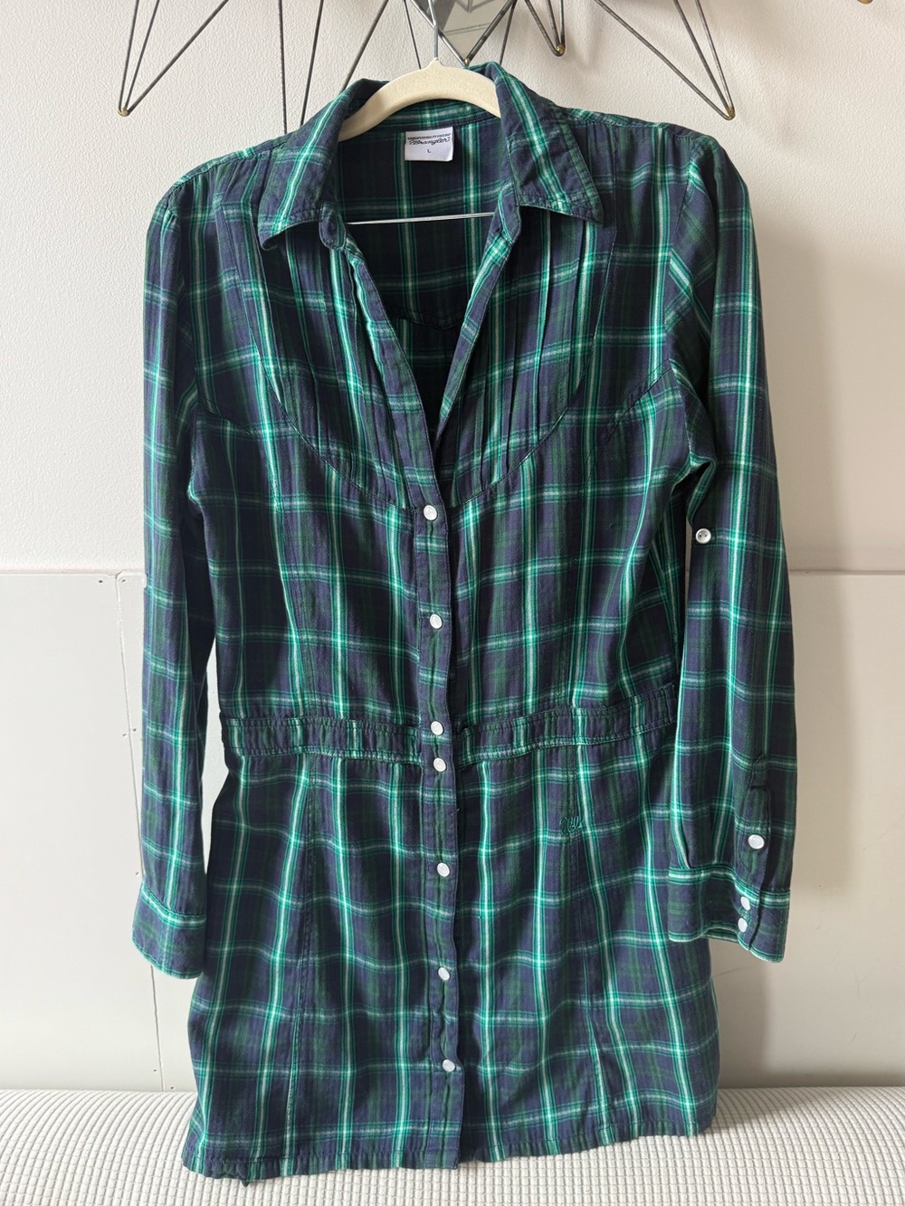 Wrangler vintage Green and Black Plaid Long-Sleeve Shirt Dress